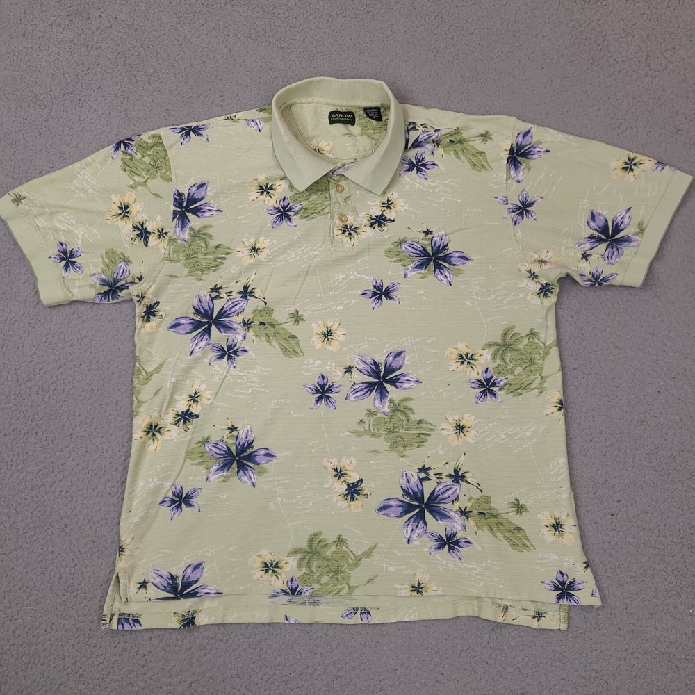 Arrow Polo Shirt Mens‎ XL Green Hawaiian Floral Short Sleeve Tournament